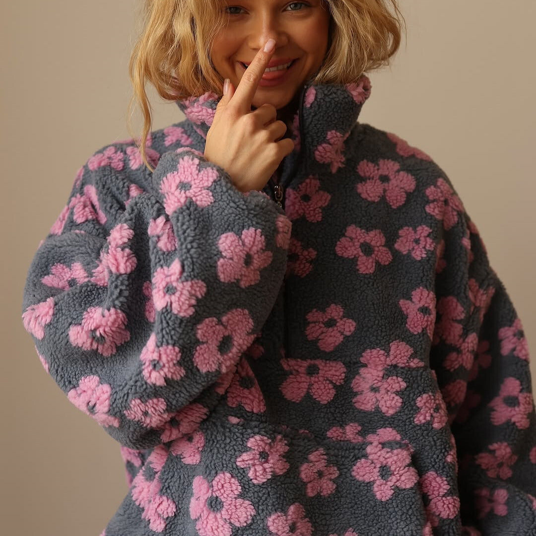 Women's floral half-zip pullover with stand collar and long sleeves