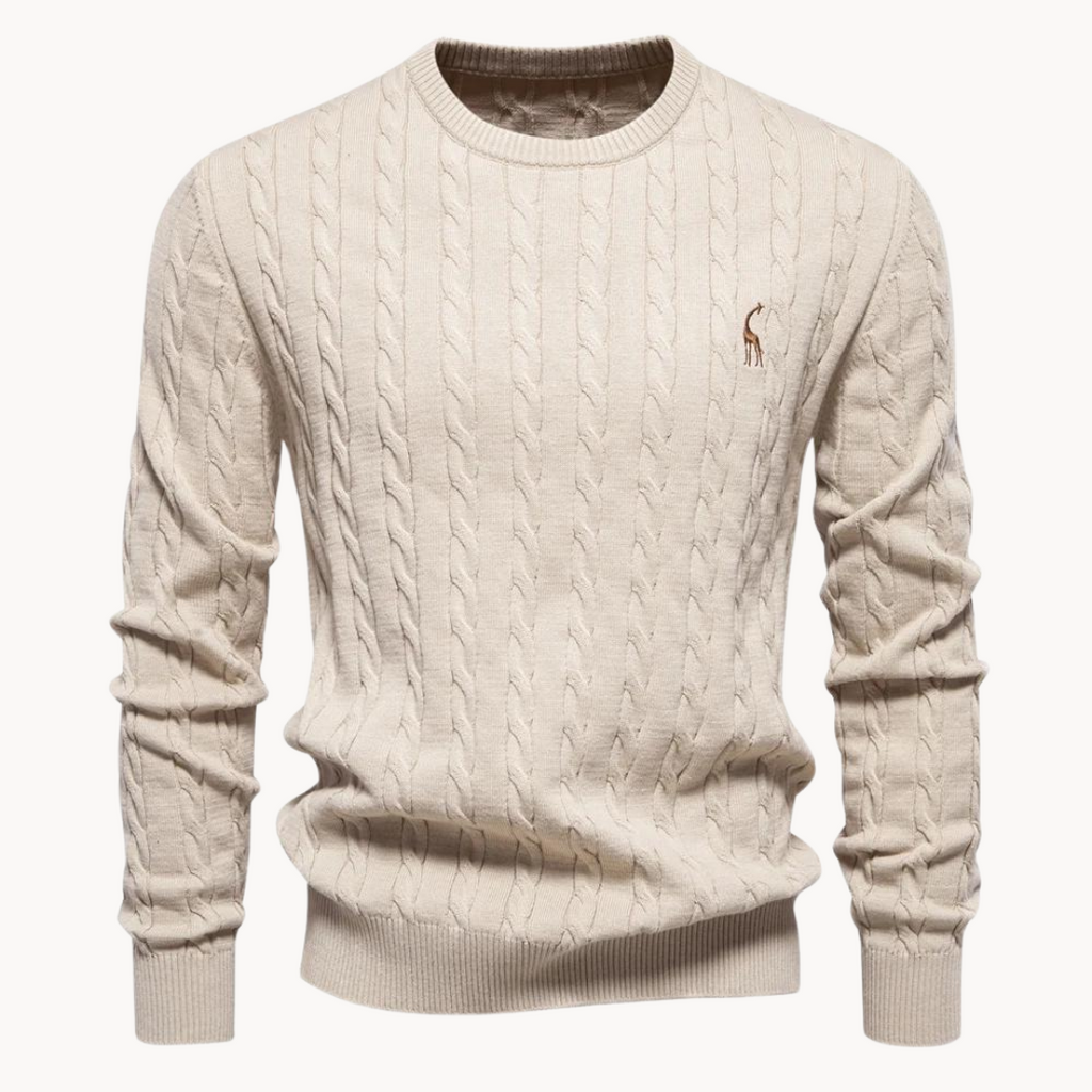 Men's cable-knit jumper with crew neck, long sleeves and chest emblem