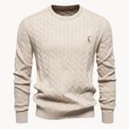 Men's cable-knit jumper with crew neck, long sleeves and chest emblem