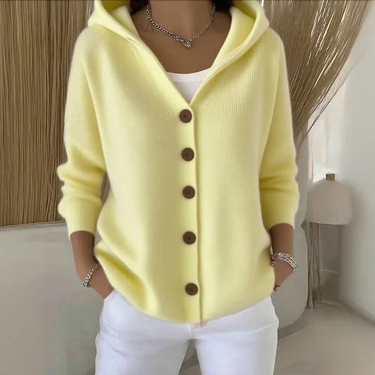 Women's hooded knit cardigan with button front and side pockets