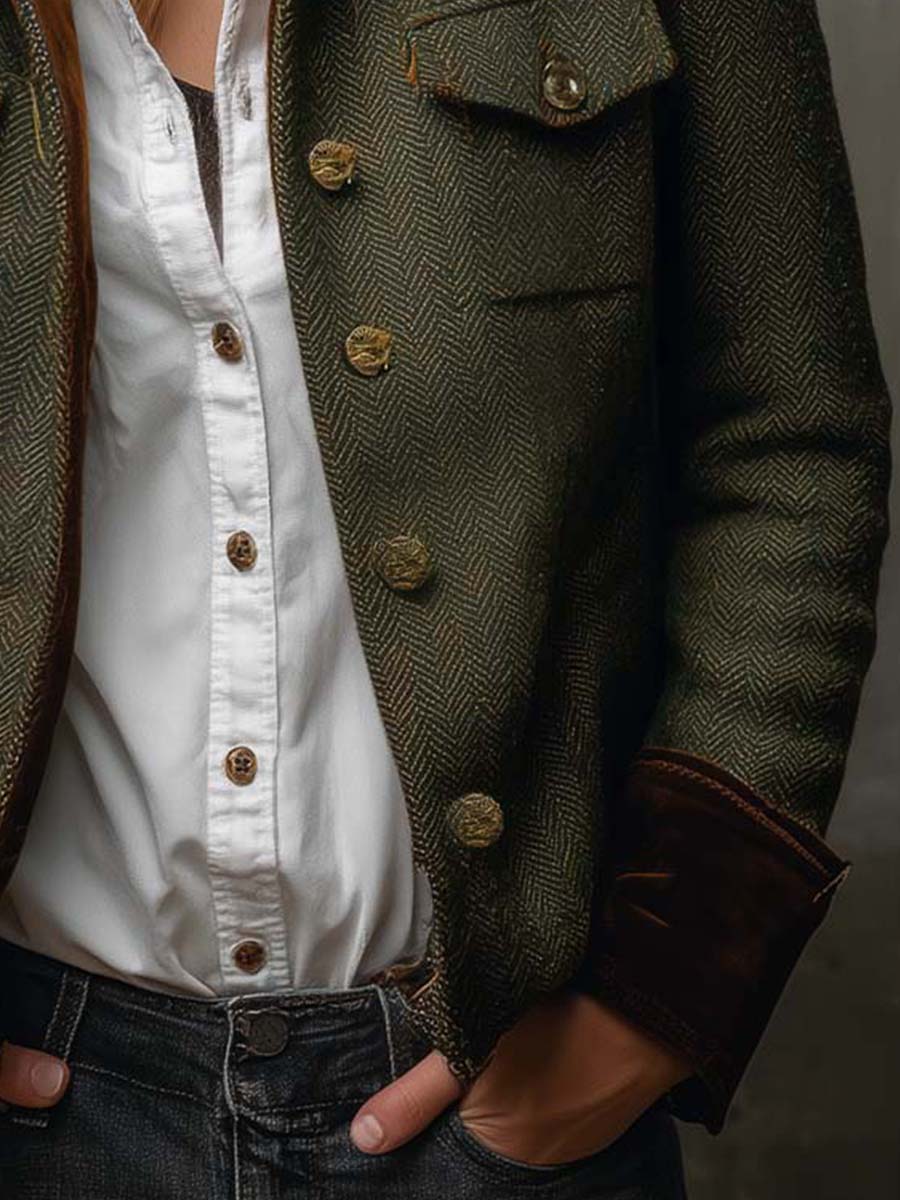 Women's olive herringbone blazer with button front, flap pockets and contrast trim