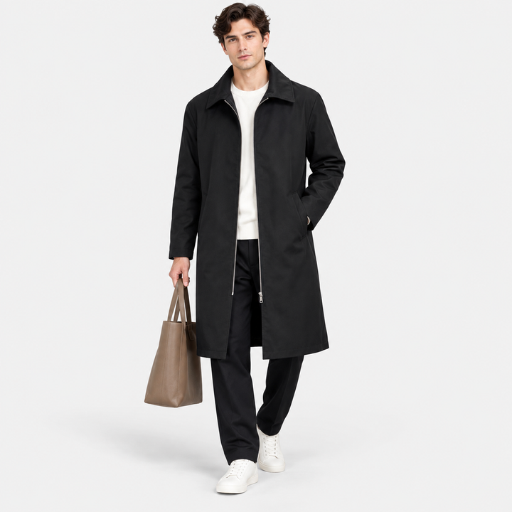 Men's mid-length casual coat with collar and button front
