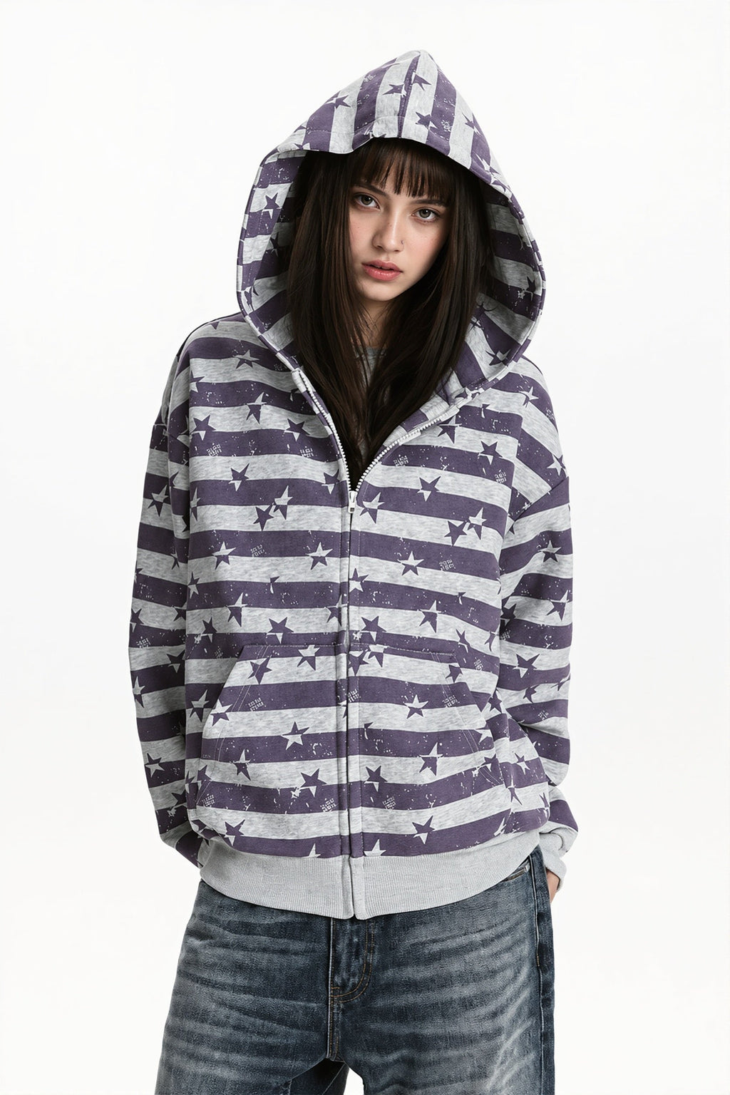 Women's striped star print zip hoodie with hood and ribbed trims