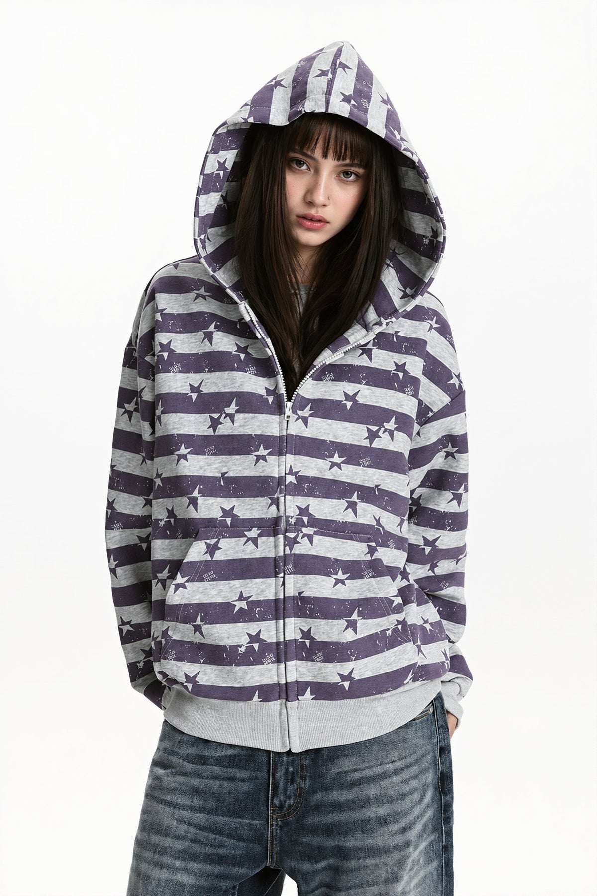 Women's striped star print zip hoodie with hood and ribbed trims