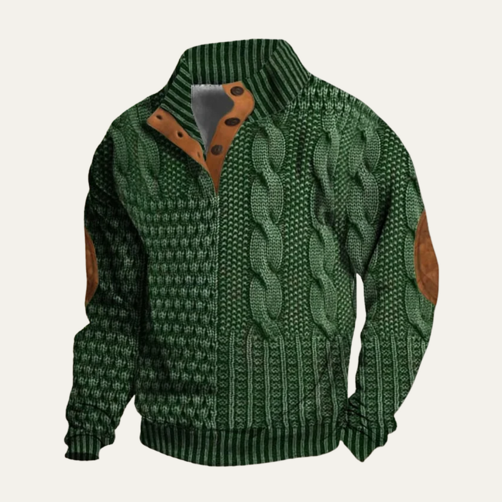 Men's textured knit sweater with mock neck, button placket and elbow patches