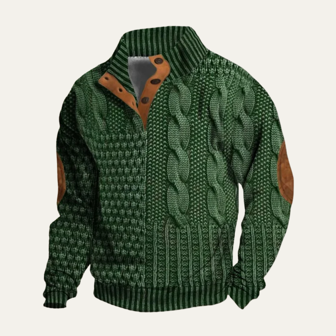 Men's textured knit sweater with mock neck, button placket and elbow patches