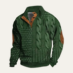 Men's textured knit sweater with mock neck, button placket and elbow patches