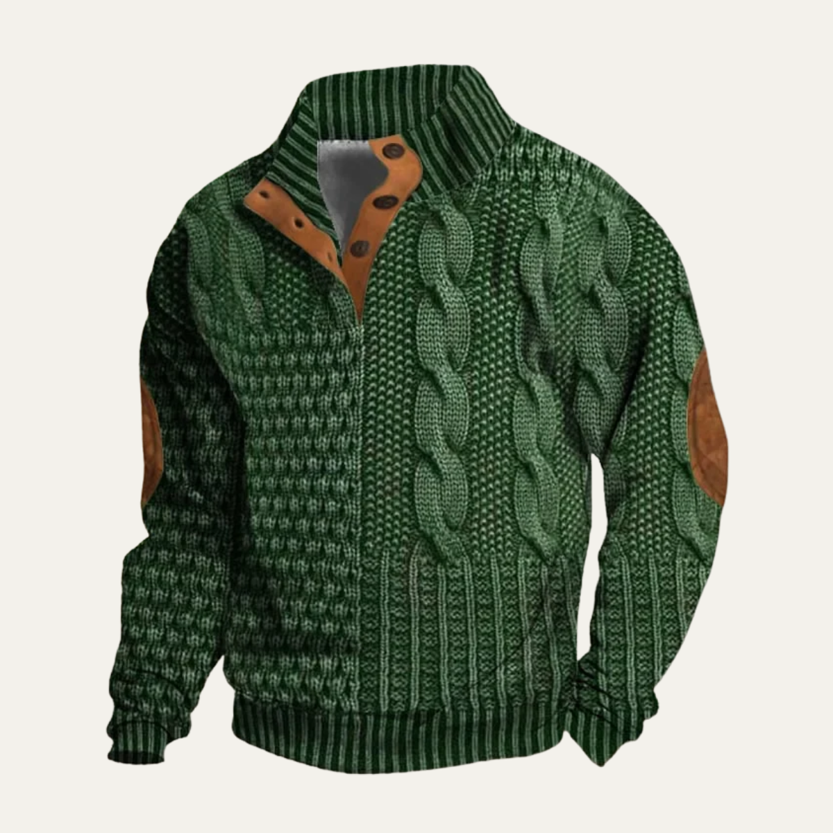 Men's textured knit sweater with mock neck, button placket and elbow patches