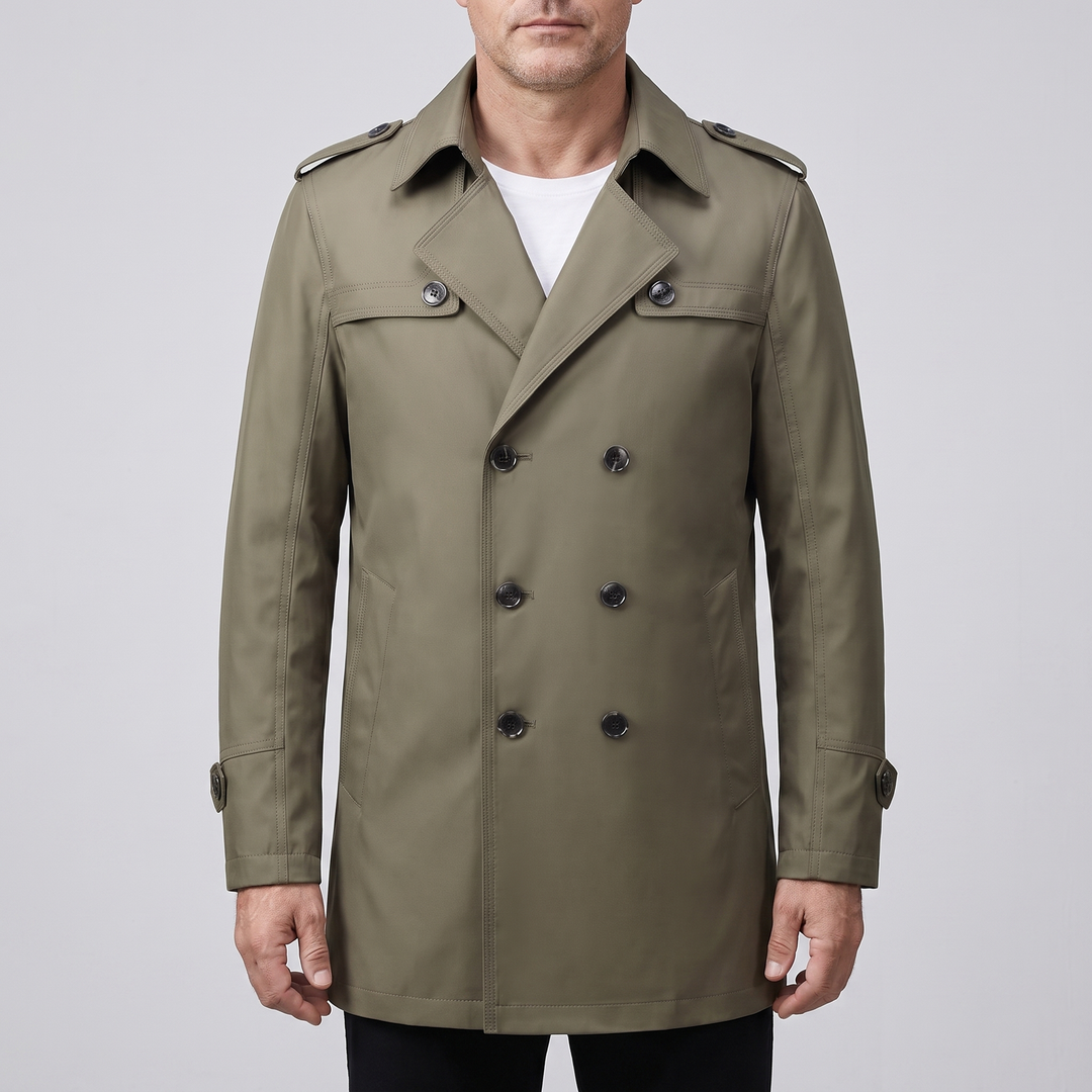 Men's double-breasted trench coat with long sleeves and removable lining