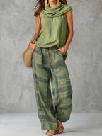 Women's green plaid high-waisted wide-leg trousers