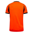 Orange men's Netherlands home football shirt with black trim and crest