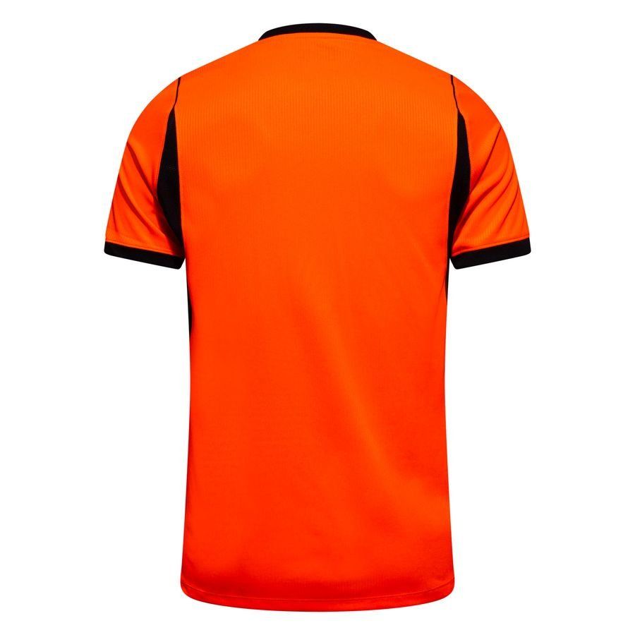 Orange men's Netherlands home football shirt with black trim and crest