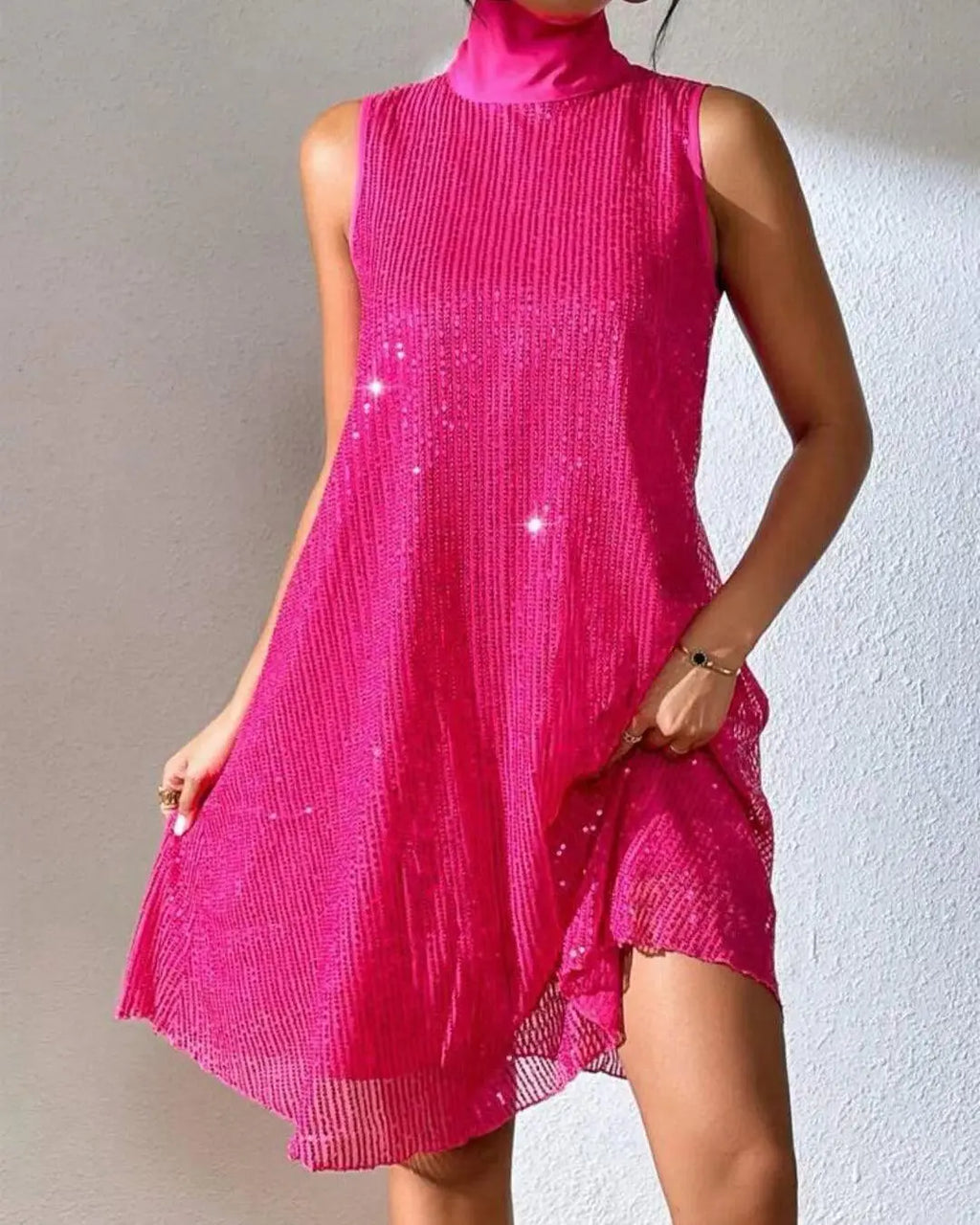 Women's sleeveless sequin mock neck mini dress with A-line shape