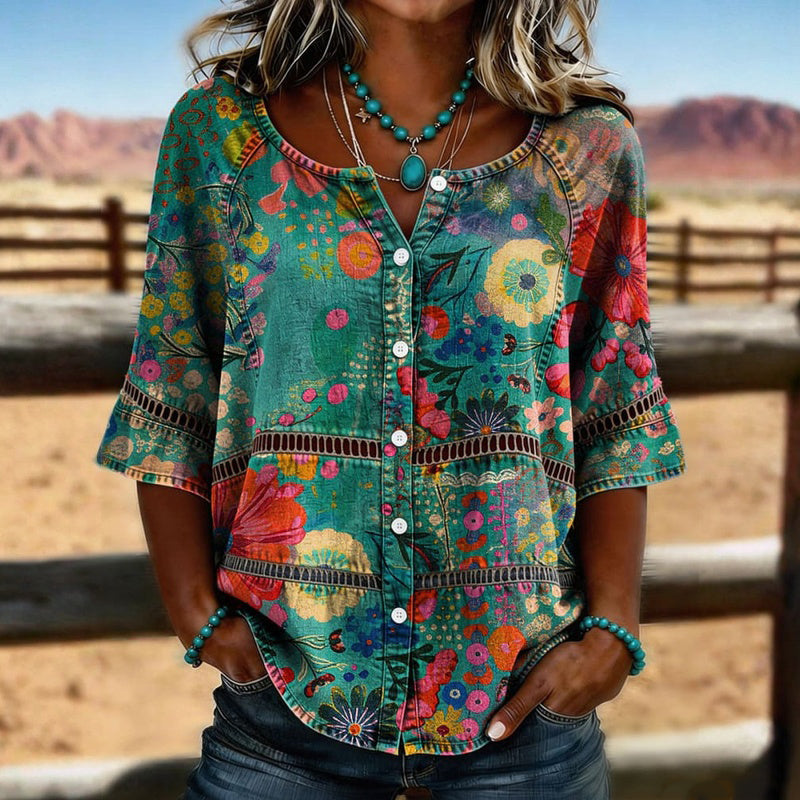Women's multicolor vintage floral blouse with button front