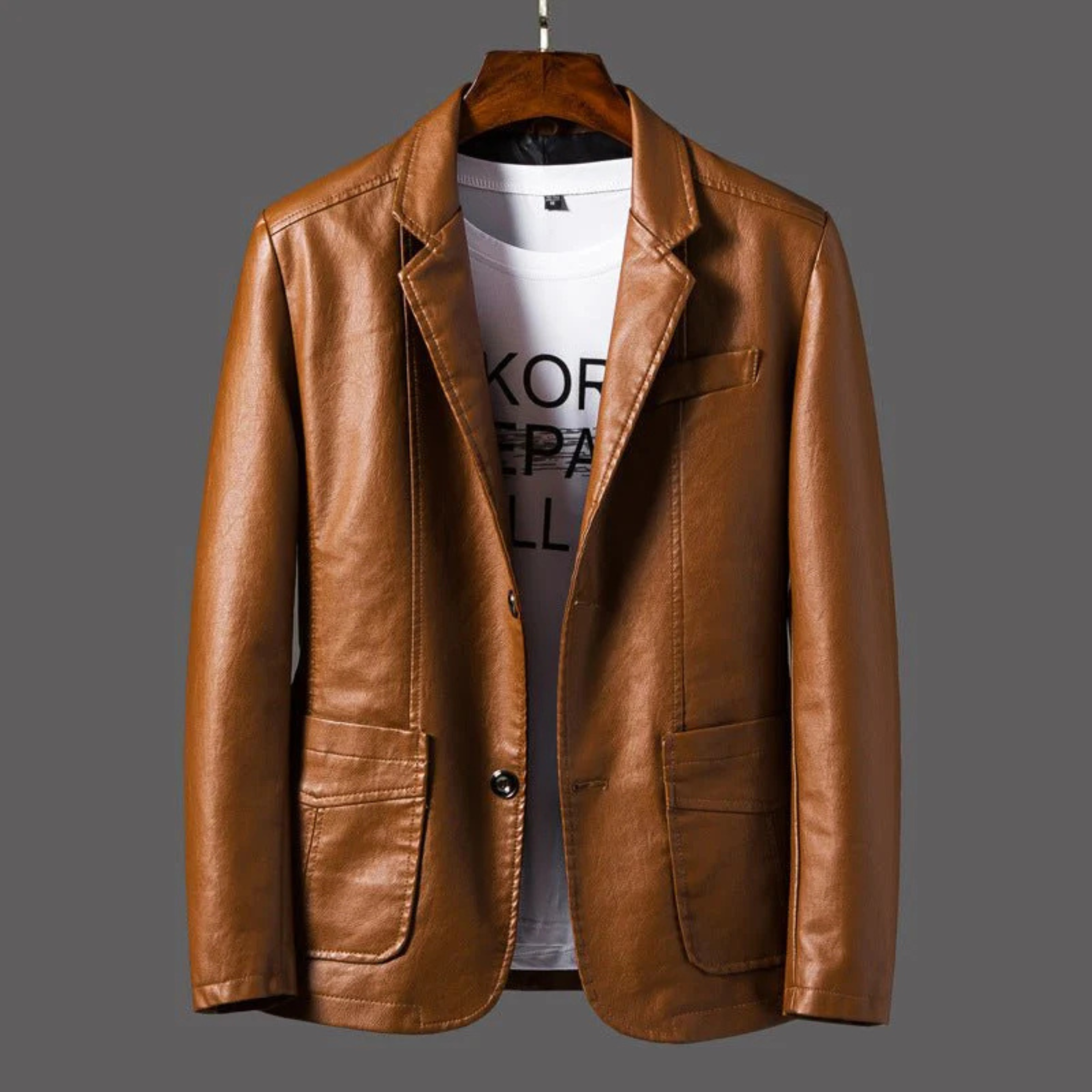 Men's blazer jacket with notched lapels, long sleeves and button front