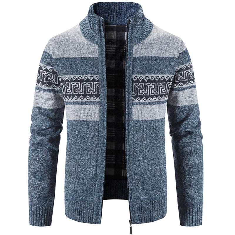 Men's geometric striped knit cardigan jacket with mock neck and zip front