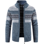 Men's geometric striped knit cardigan jacket with mock neck and zip front