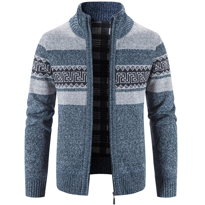 Men's geometric striped knit cardigan jacket with mock neck and zip front