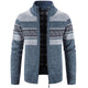Men's geometric striped knit cardigan jacket with mock neck and zip front