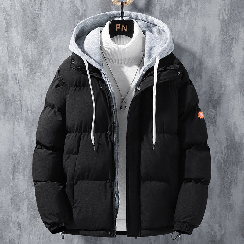 Men's hooded quilted puffer jacket with long sleeves and front zip fastening