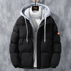 Men's hooded quilted puffer jacket with long sleeves and front zip fastening
