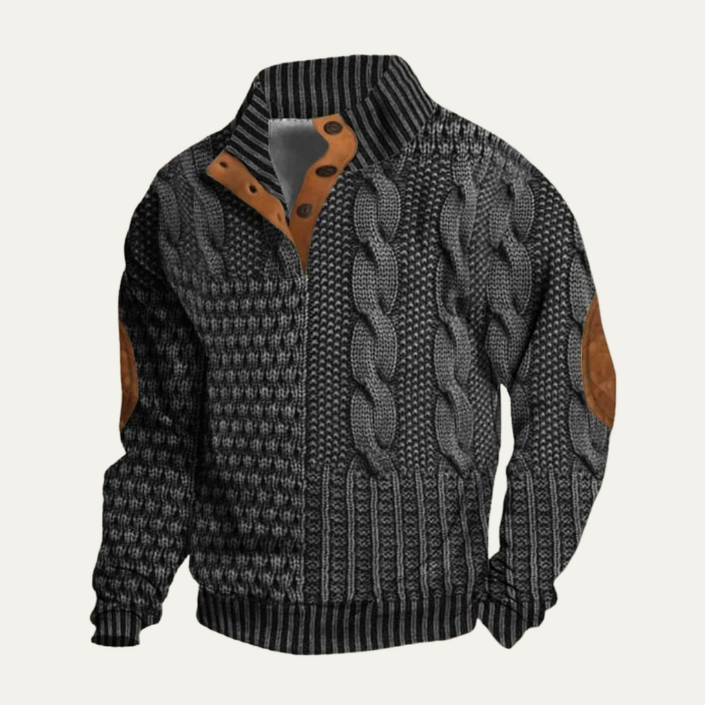 Men's textured knit sweater with mock neck, button placket and elbow patches