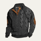 Men's textured knit sweater with mock neck, button placket and elbow patches