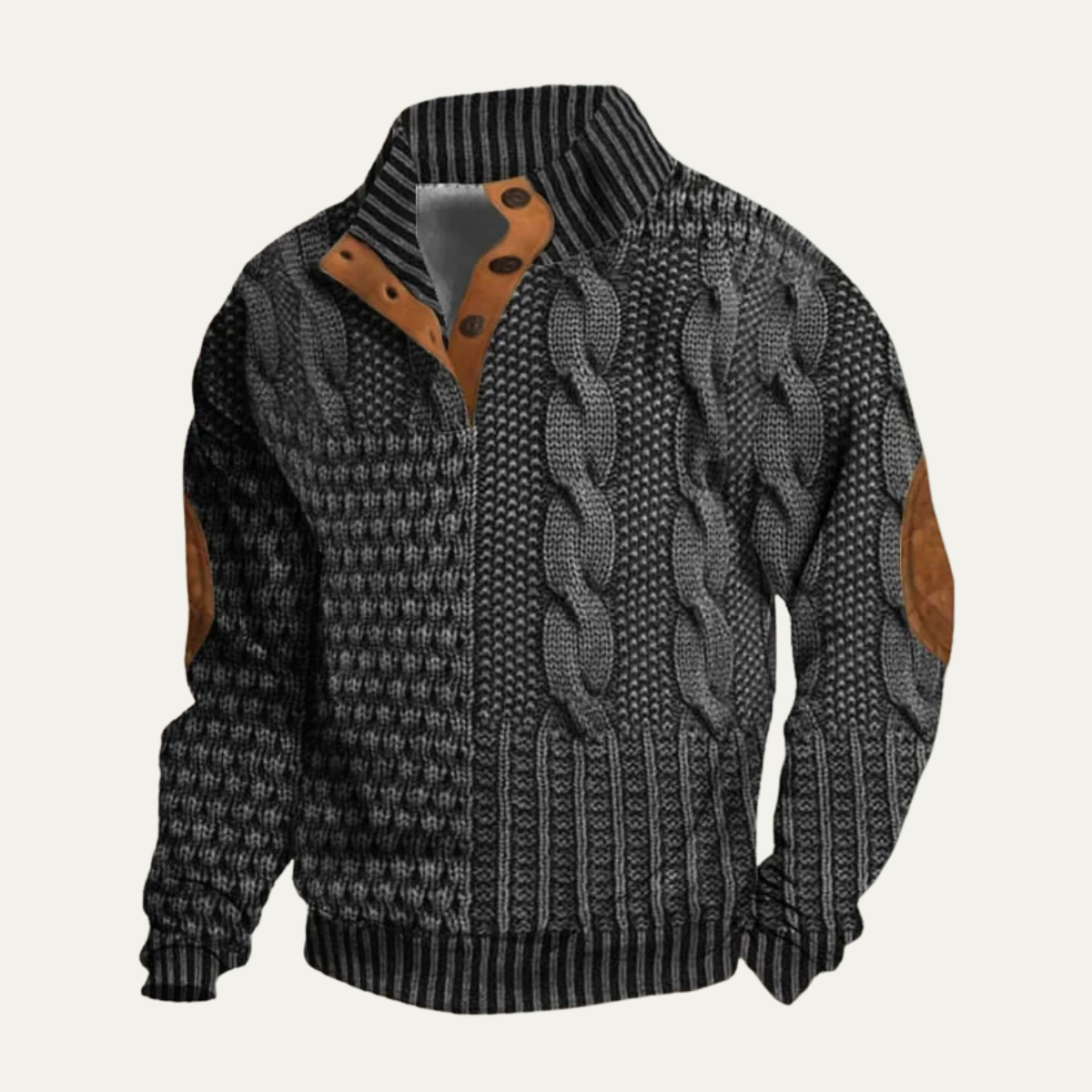 Men's textured knit sweater with mock neck, button placket and elbow patches
