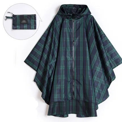 Patterned unisex hooded rain poncho with zip front and matching pouch