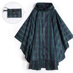 Patterned unisex hooded rain poncho with zip front and matching pouch