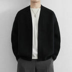 Men's open front ribbed knit cardigan with dropped shoulders