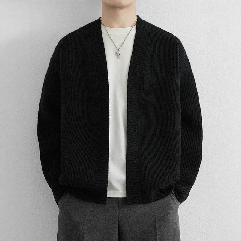 Men's open front ribbed knit cardigan with dropped shoulders