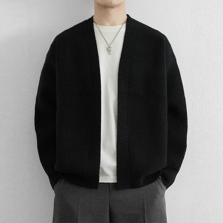 Men's open front ribbed knit cardigan with dropped shoulders