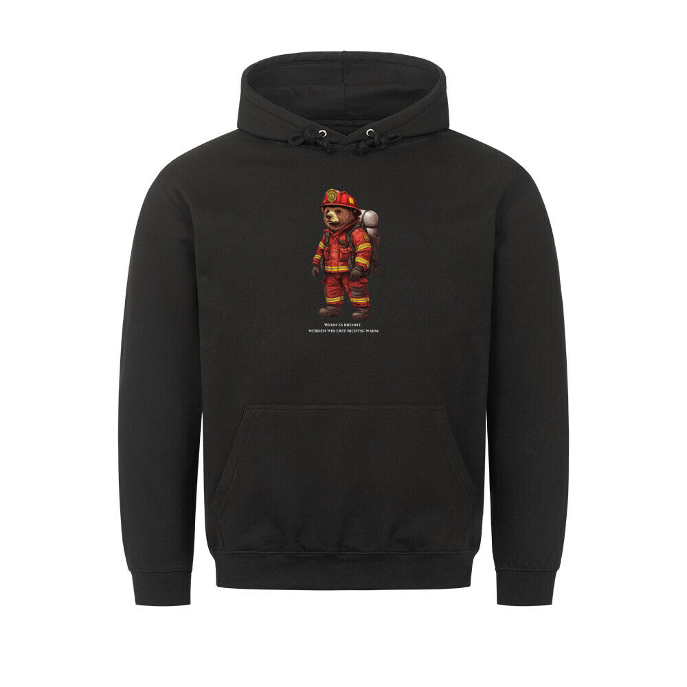 Graphic pullover hoodie with drawstring hood and firefighter bear chest print
