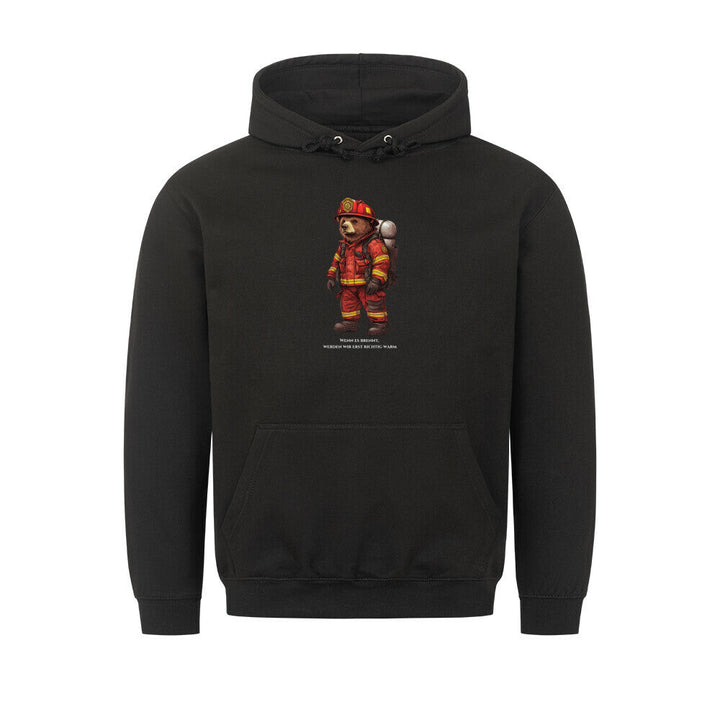 Graphic pullover hoodie with drawstring hood and firefighter bear chest print