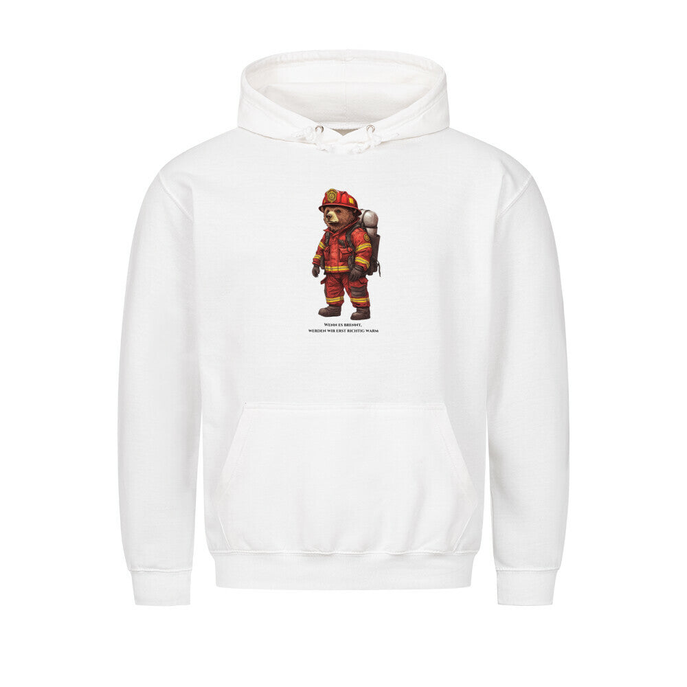Graphic pullover hoodie with drawstring hood and firefighter bear chest print