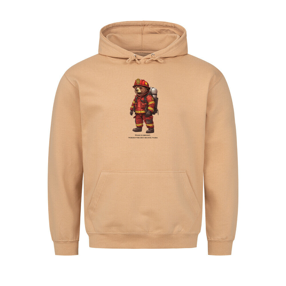 Graphic pullover hoodie with drawstring hood and firefighter bear chest print