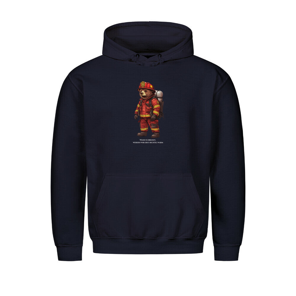 Graphic pullover hoodie with drawstring hood and firefighter bear chest print