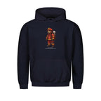 Graphic pullover hoodie with drawstring hood and firefighter bear chest print