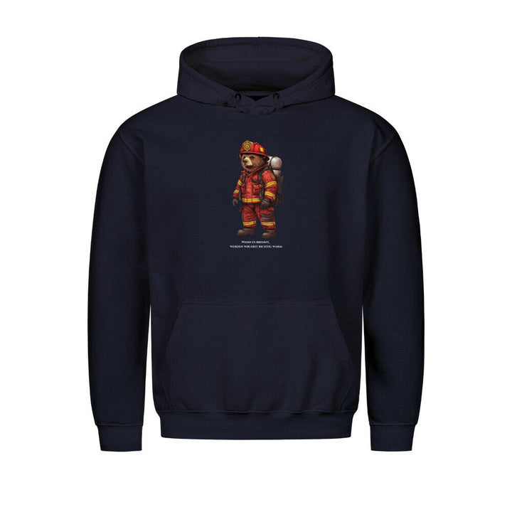 Graphic pullover hoodie with drawstring hood and firefighter bear chest print