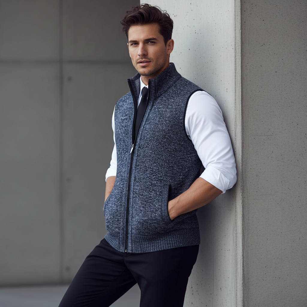 Men's knitted zip-front vest with high collar and pockets