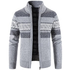 Men's geometric striped knit cardigan jacket with mock neck and zip front