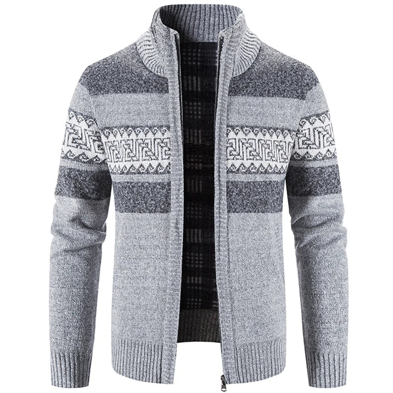 Men's geometric striped knit cardigan jacket with mock neck and zip front