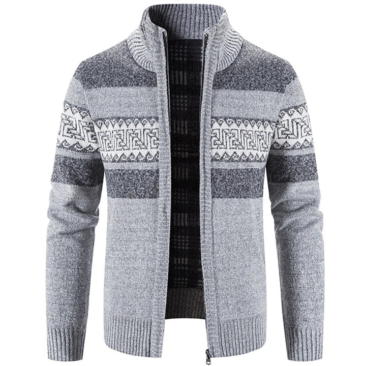 Men's geometric striped knit cardigan jacket with mock neck and zip front