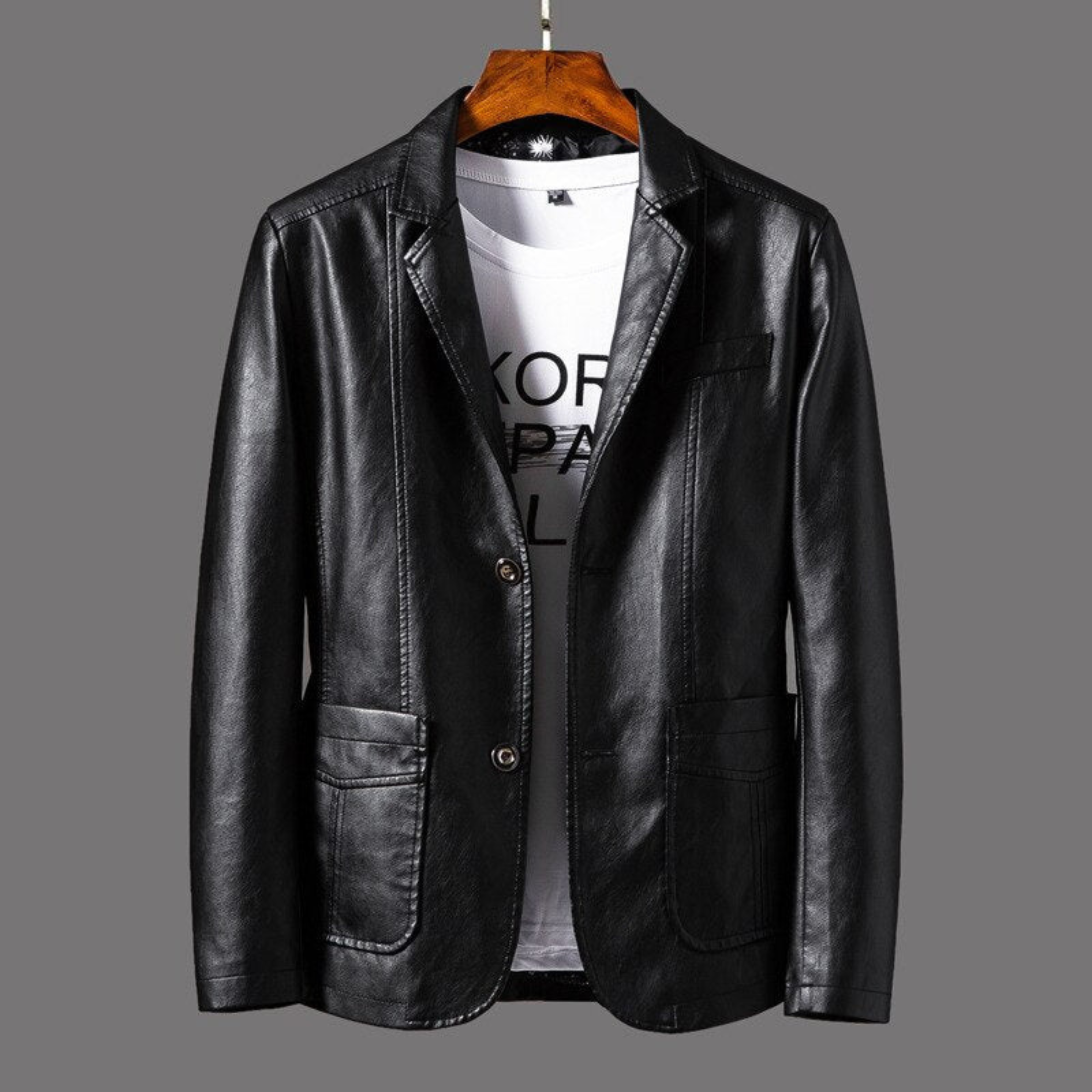 Men's blazer jacket with notched lapels, long sleeves and button front