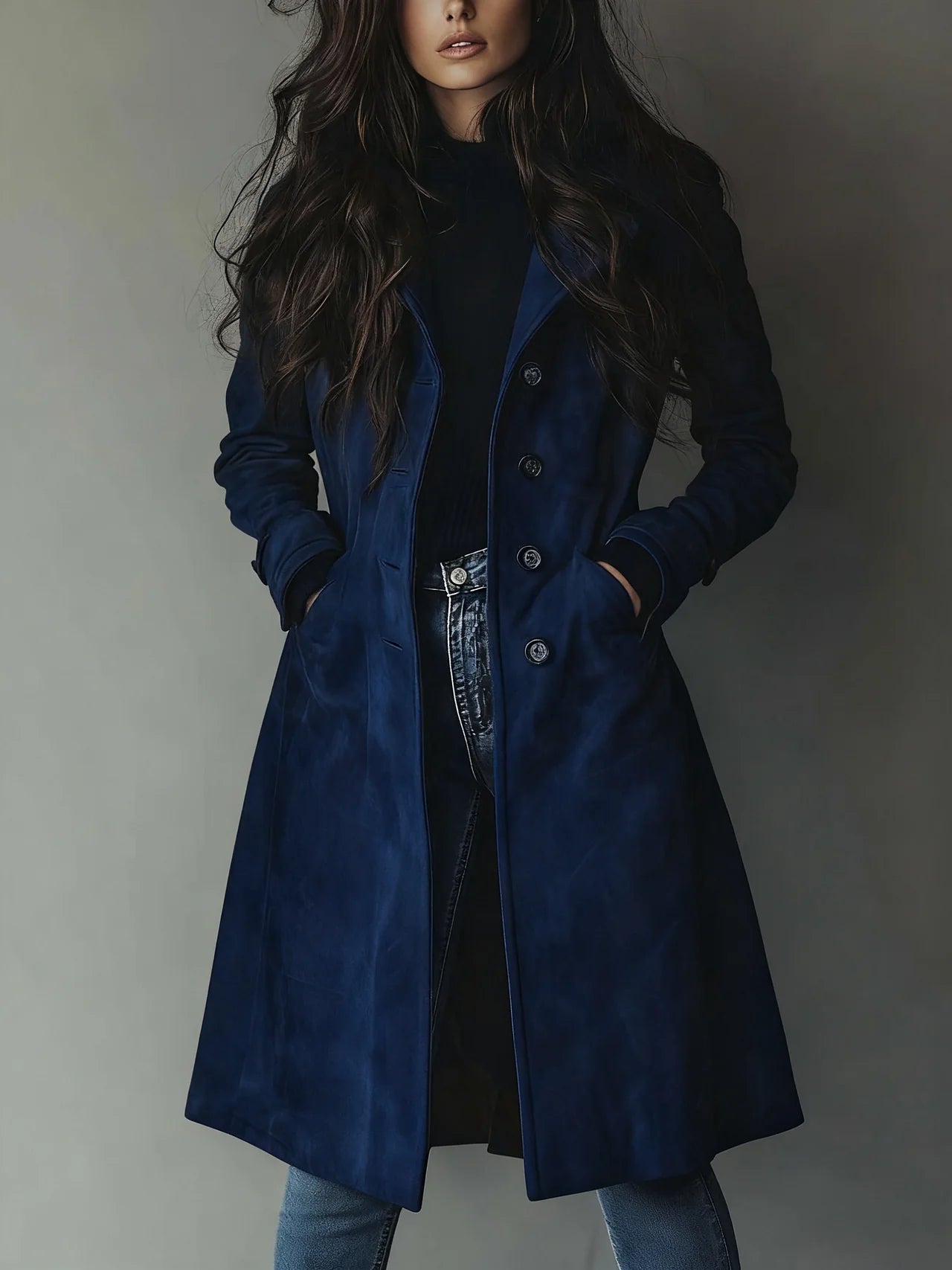 Women's long patchwork trench coat with notched collar and button front