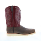 Men's burgundy and brown cowboy boots with embroidered shaft and flat sole