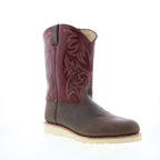 Men's burgundy and brown cowboy boots with embroidered shaft and flat sole