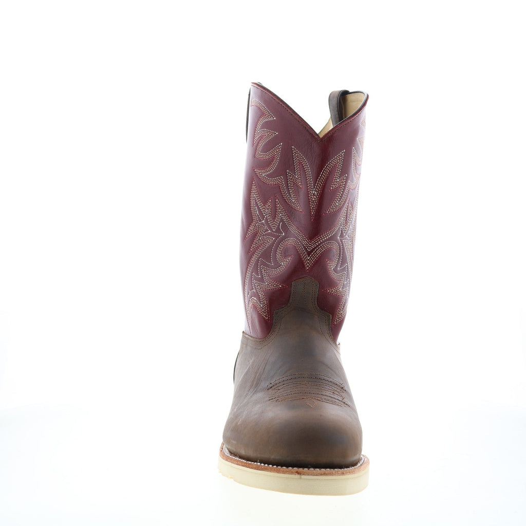 Men's burgundy and brown cowboy boots with embroidered shaft and flat sole