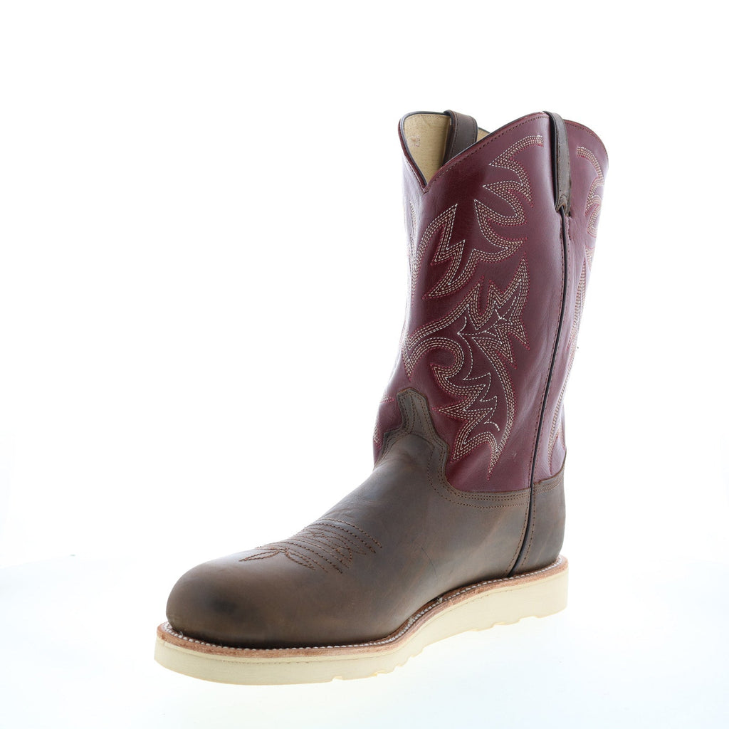Men's burgundy and brown cowboy boots with embroidered shaft and flat sole